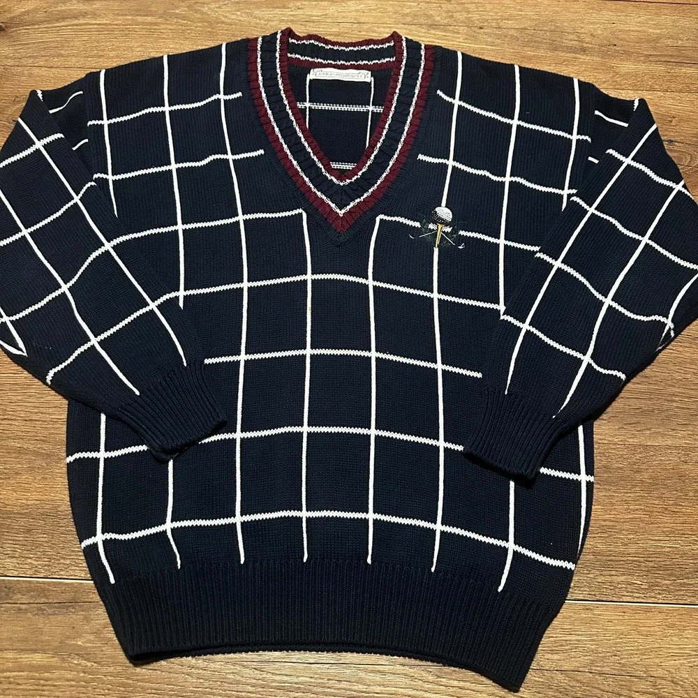 Vintage John Ashford Navy Blue Grid Golf V-Neck Sweater Mens Large